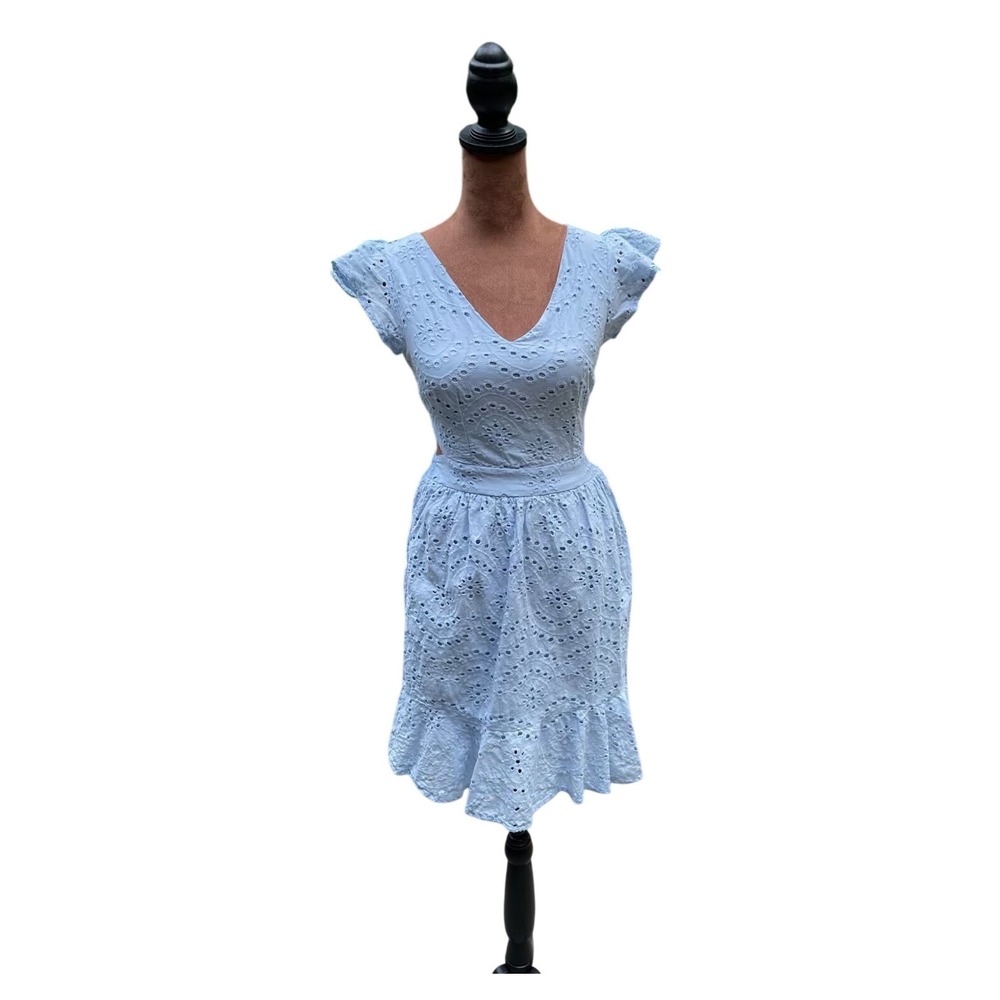 Jessica Simpson Womans S Light Blue Cottagecore Eyelet Flutter Sleeve Mini Dress